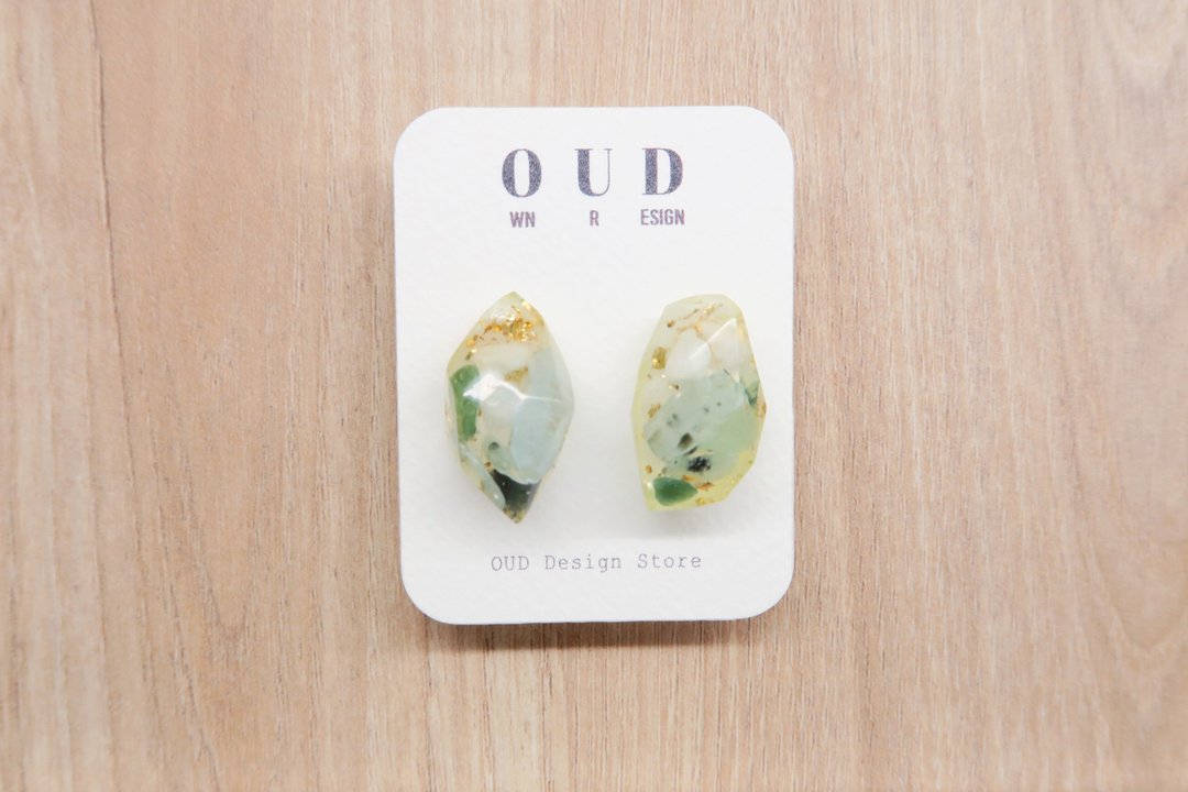 OUD原创.天然石系列.翠玉.海蓝宝.14K包金矿石形状耳环/耳夹 - 耳环/耳夹 - 玉石 绿色