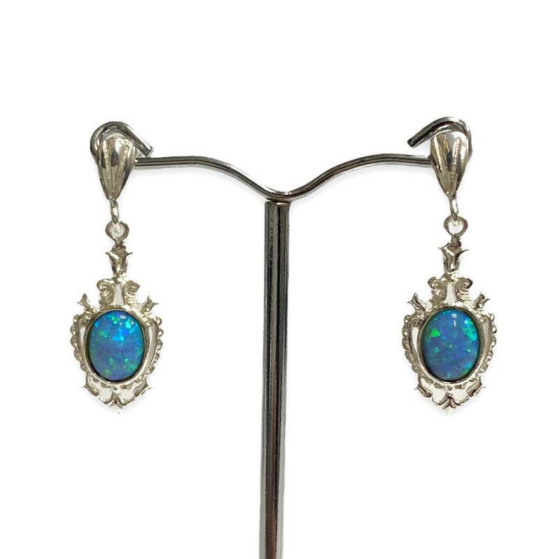 Victorian Style Gilson Opal Royal Set Pendant and Earrings 925 Sterling Silver - 耳环/耳夹 - 纯银 银色