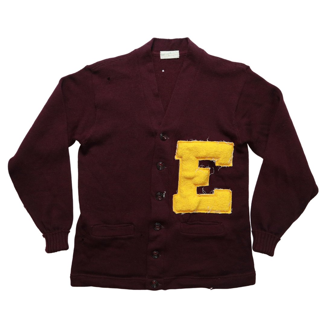 50-60s Wool Letterman Sweater  E Patch Cardigan - 女装针织衫/毛衣 - 羊毛 红色