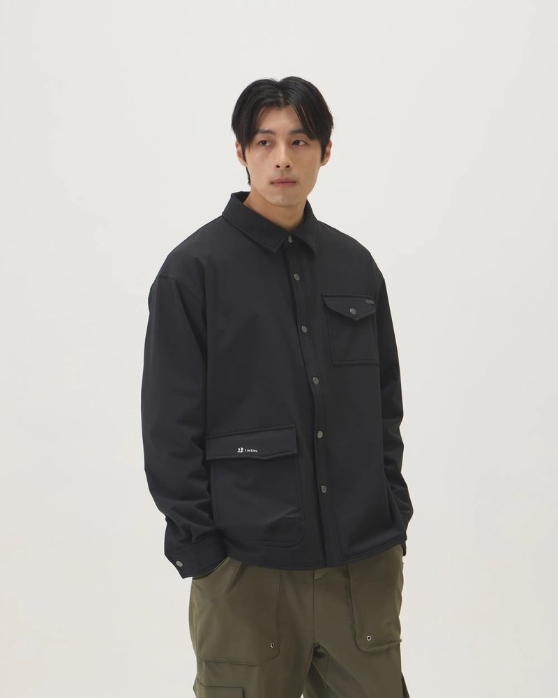 内刷毛多口袋衬衫外套 (黑) - 男装外套 - 聚酯纤维 黑色