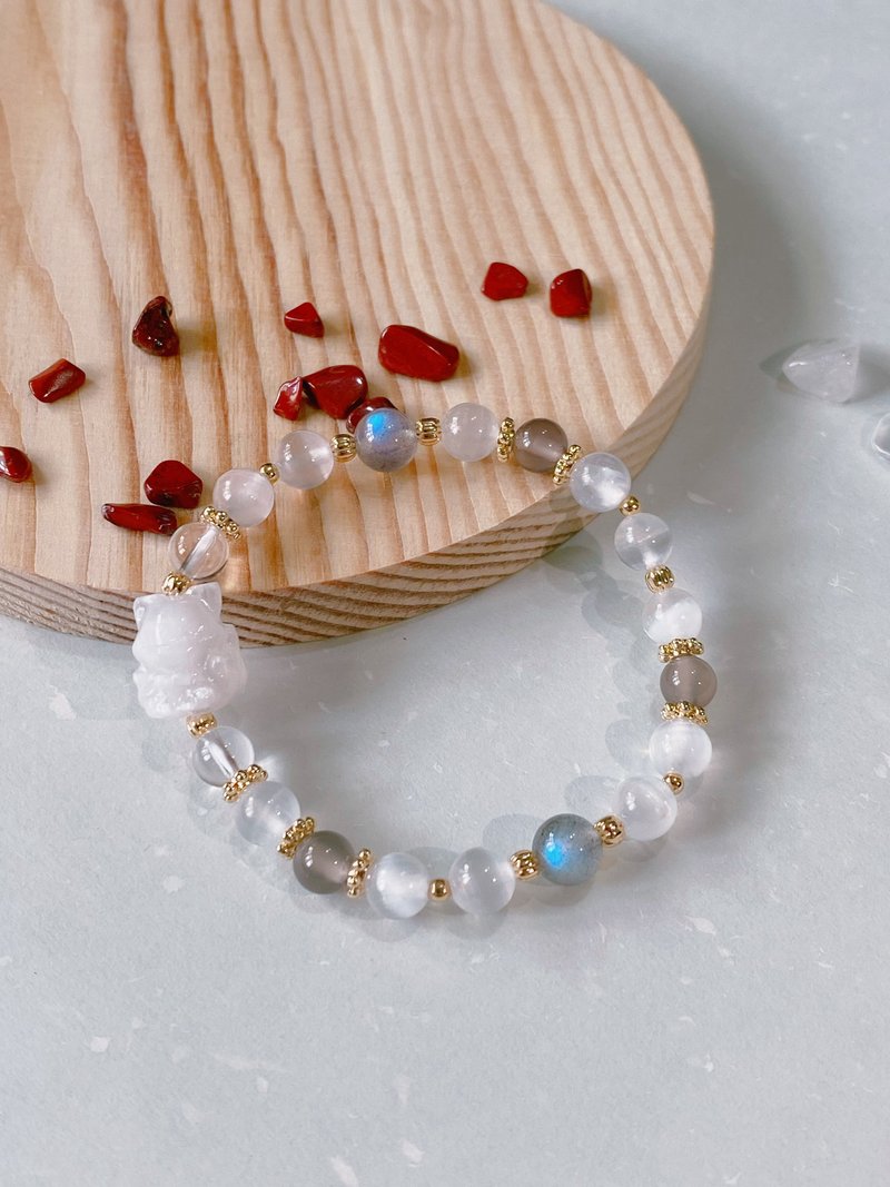 透石膏 九尾狐 灰月光 灰玛瑙烟紫玛瑙||净化 避邪祈福 水晶手链 - 手链/手环 - 水晶 白色