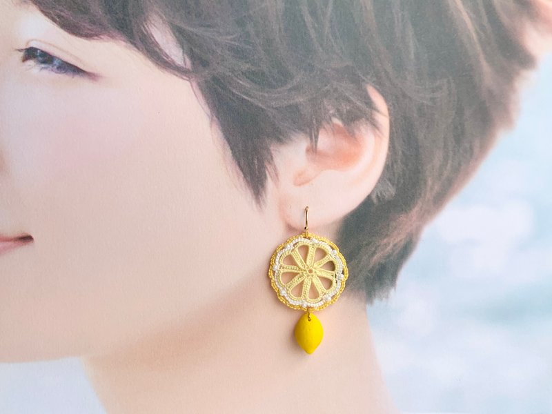 清新水果系列 梭织夏日柠檬耳环 礼物 防过敏 黄色 - 耳环/耳夹 - 棉．麻 黄色