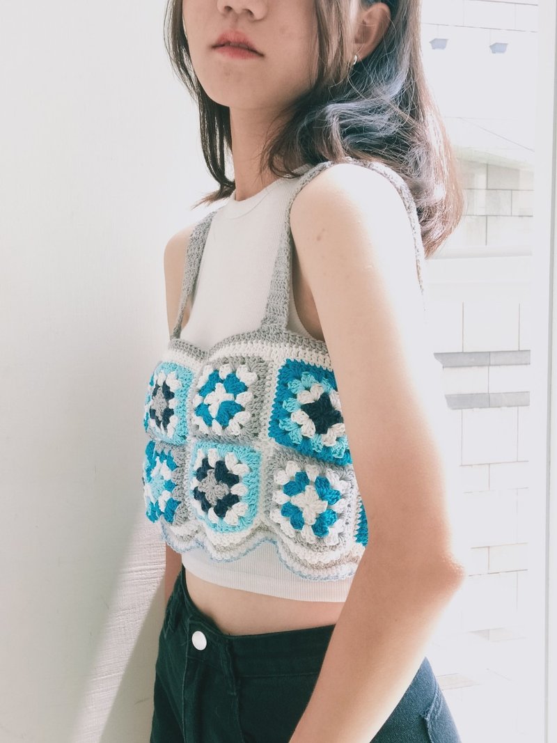 盐系少女系列 祖母方格花砖背心 - 女装背心 - 棉．麻 蓝色