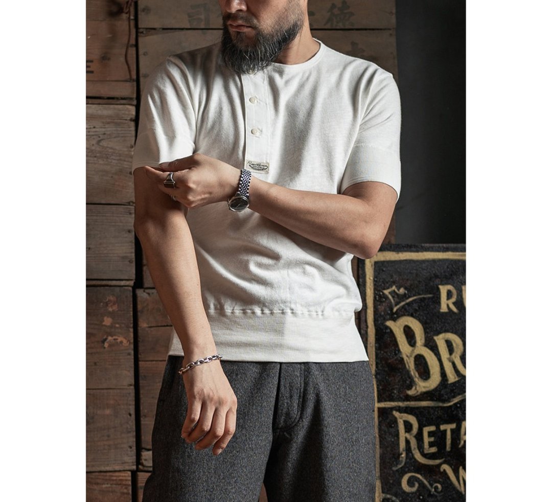 BRONSON 侧斜门襟亨利领 短袖 轻薄竹节纱 复古 T Henley T-Shirt - 男装上衣/T 恤 - 棉 白色