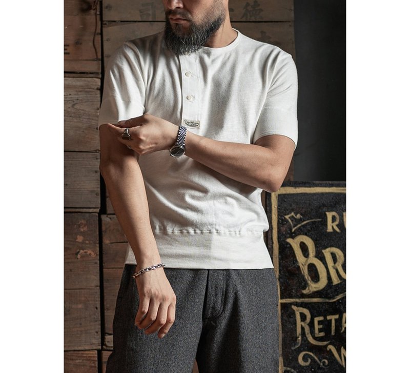 BRONSON 侧斜门襟亨利领 短袖 轻薄竹节纱 复古 T Henley T-Shirt - 男装上衣/T 恤 - 棉．麻 白色