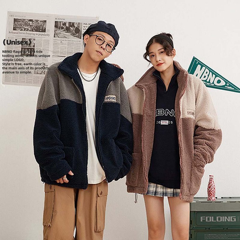 男女秋冬大口袋拼接双色蝙蝠袖羊羔毛外套 - 男装外套 - 其他材质 