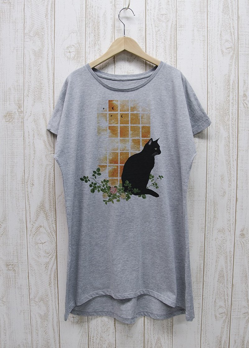 Standing Black Cat One Piece Tee Window SUNSET Heather Gray / R030-O-GR - 洋装/连衣裙 - 棉．麻 灰色