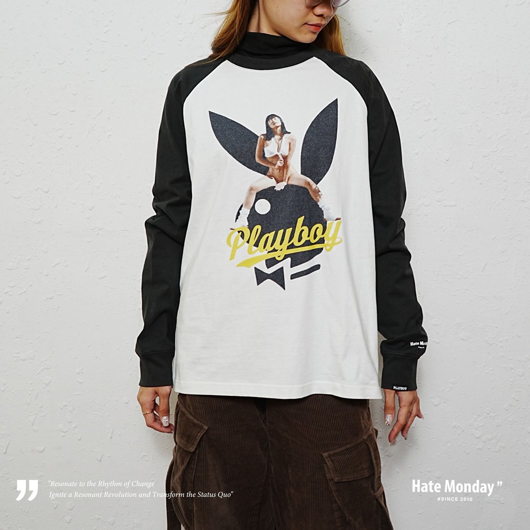 Hate Monday'' X PLAYBOY -长袖薄身TEE(PBHMFW24T53) - 中性连帽卫衣/T 恤 - 棉 银色