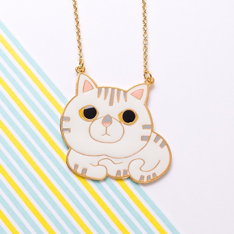 白底虎斑大王猫 手作长项链 - 长链 - 其他金属 白色