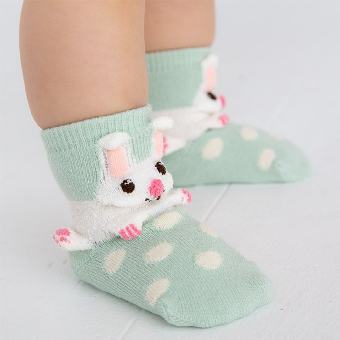 1212255 Animal 3D Socks Rabbit Pop-up Socks Made in Japan Mint Green XS 9-12cm S 13-16cm - 婴儿袜子 - 棉 绿色