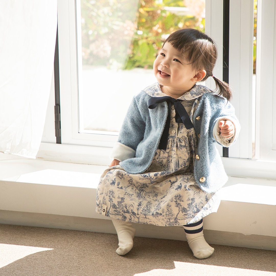 蓝色图案缎带点高级婴儿连身裙 - 童装礼服/连衣裙 - 棉 多色