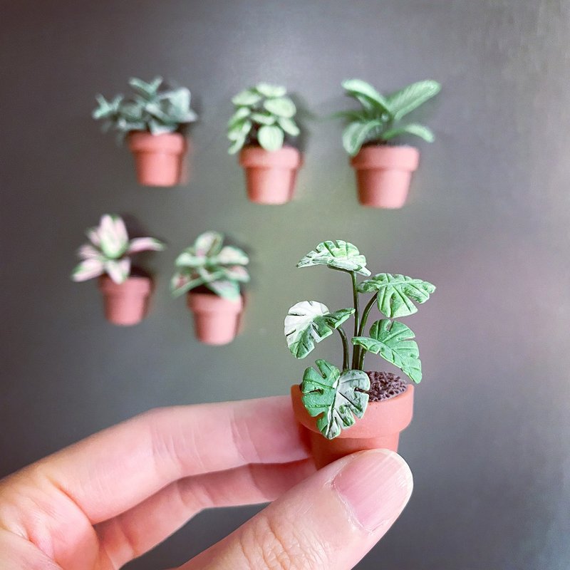 迷你观叶植物盆栽磁铁_共6款。仿真黏土观叶植物 - 冰箱贴/磁贴 - 粘土 绿色