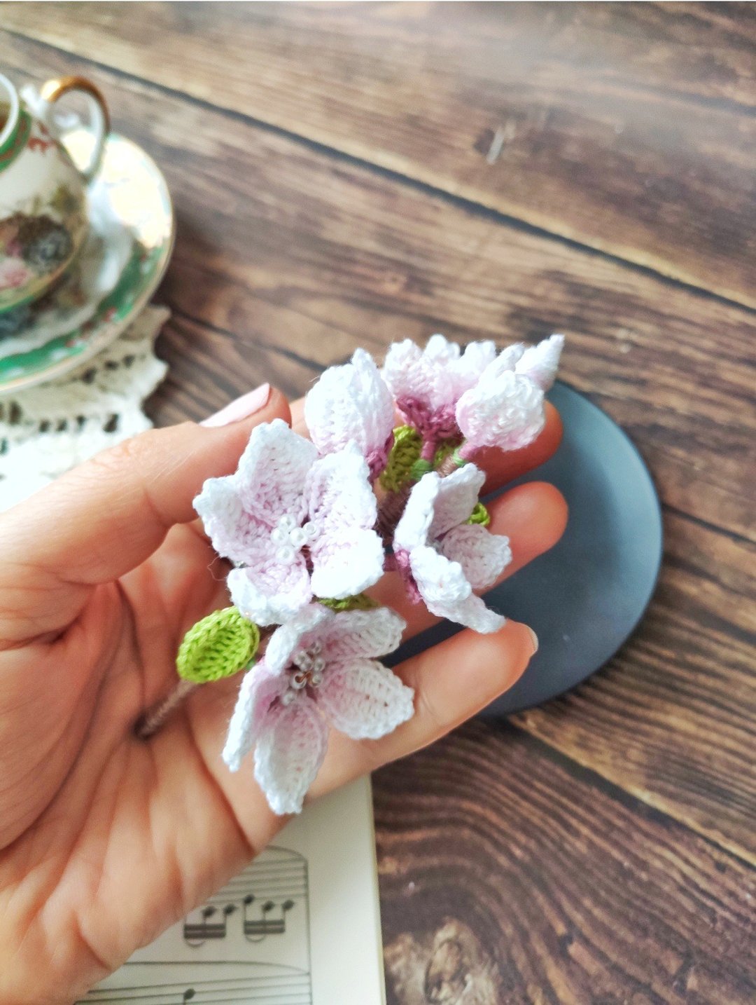 樱花胸针 樱花胸针 樱花翻领别针 粉红花朵胸针 - 胸针 - 棉 粉红色