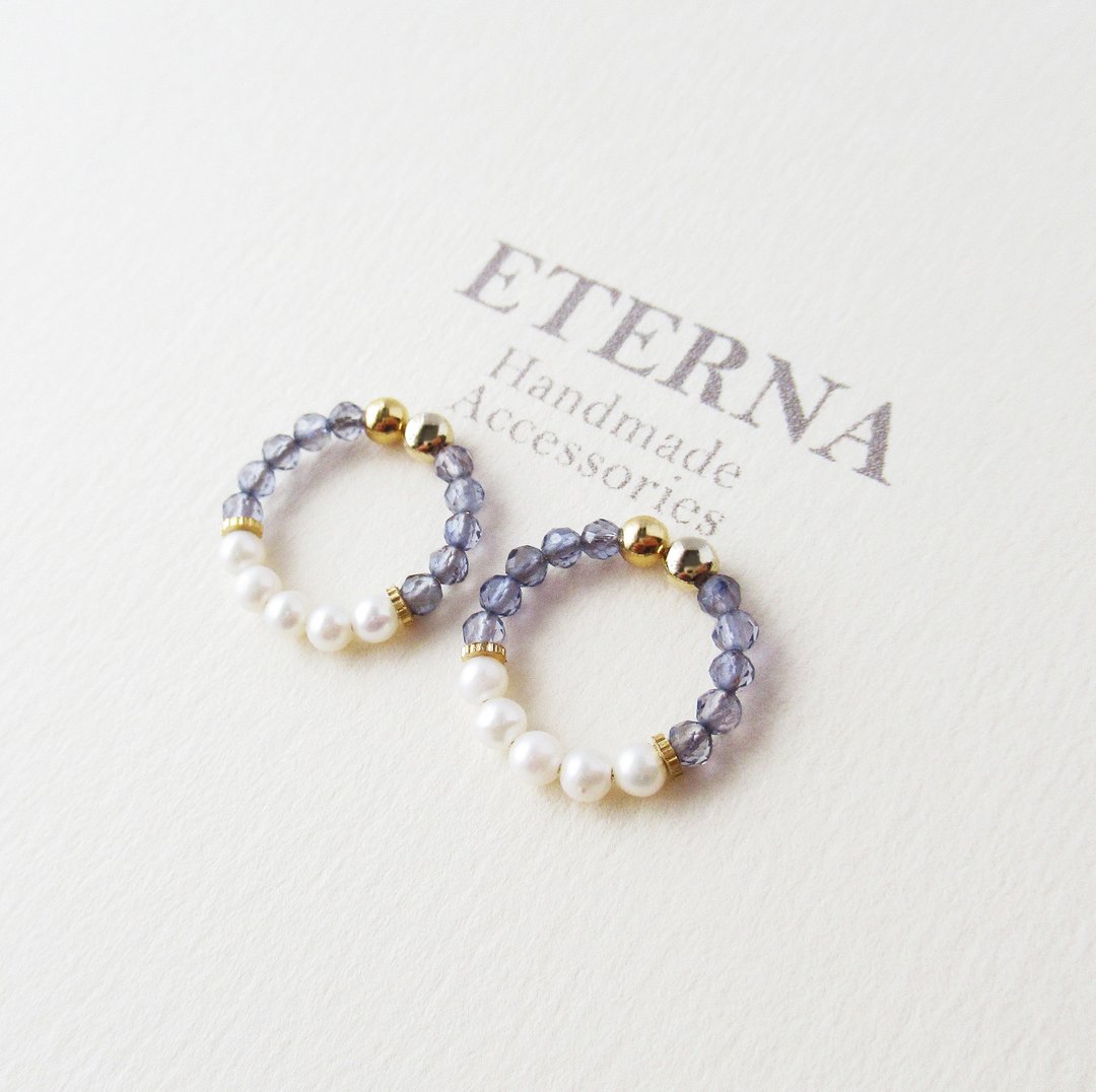 Fresh water pearl and  and Iolite, tiny hoop earrings 夾式耳環 - 耳环/耳夹 - 珍珠 蓝色