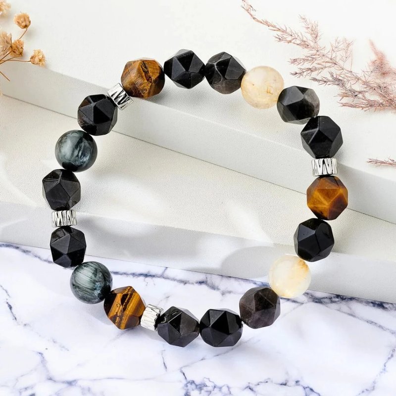 现货礼盒包装【金鹰 男款】鹰眼石 金发晶 银曜石 黄虎眼手链 - 手链/手环 - 水晶 黑色