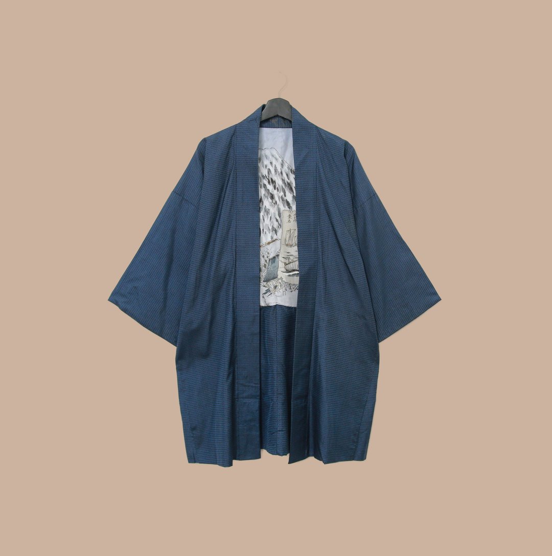 Back to Green-日本带回羽织 富士山画中画 M-33/vintage kimono - 女装休闲/机能外套 - 丝．绢 