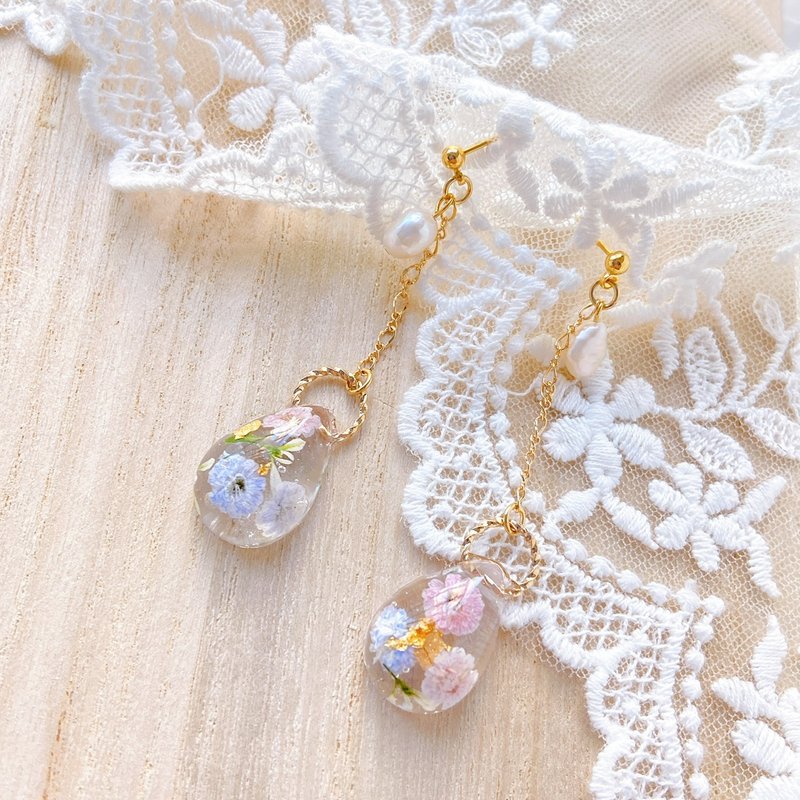 花露 透明感 粉红 粉蓝 春日少女 日本花材 淡水珍珠 耳环 耳夹 - 耳环/耳夹 - 树脂 透明