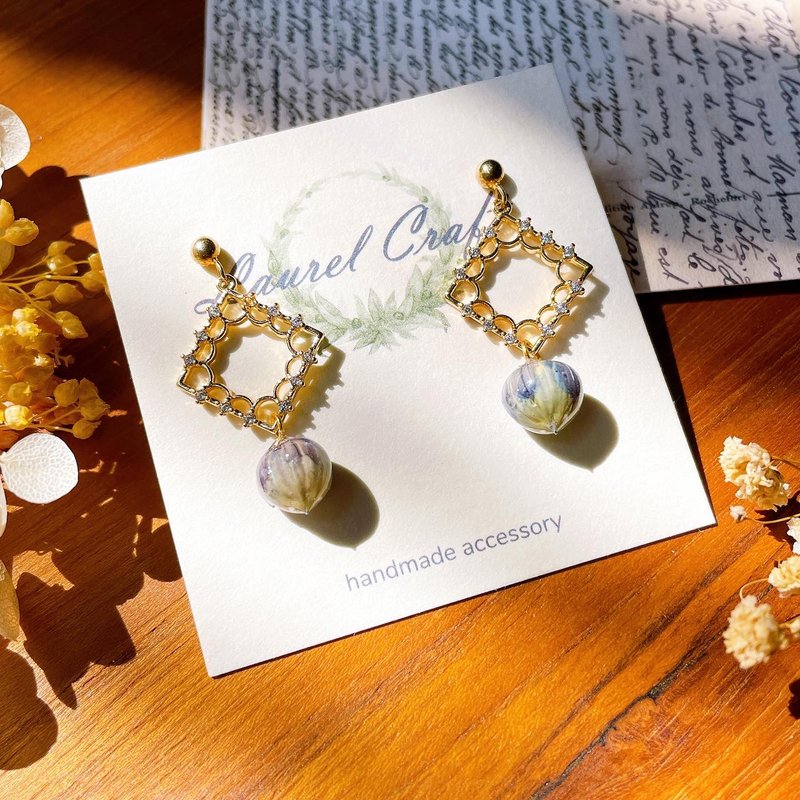 临花系列(蓝色) 几何锆石方框  925纯银针耳环/无痛耳夹 - 耳环/耳夹 - 植物．花 黄色