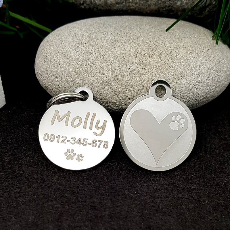 【FulgorJewel】宠物吊牌 猫名牌 免费刻字 不锈钢 爱心小脚印 - 项圈/牵绳 - 不锈钢 银色
