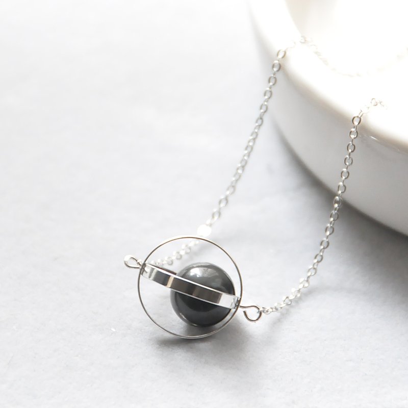 守护星球。宇宙。银环。黑曜石。项链 Guardian Planet。Galaxy。Sliver Ring。Obsidian。Necklace。生日礼物。闺蜜礼物。姐妹礼物 - 颈链 - 宝石 黑色