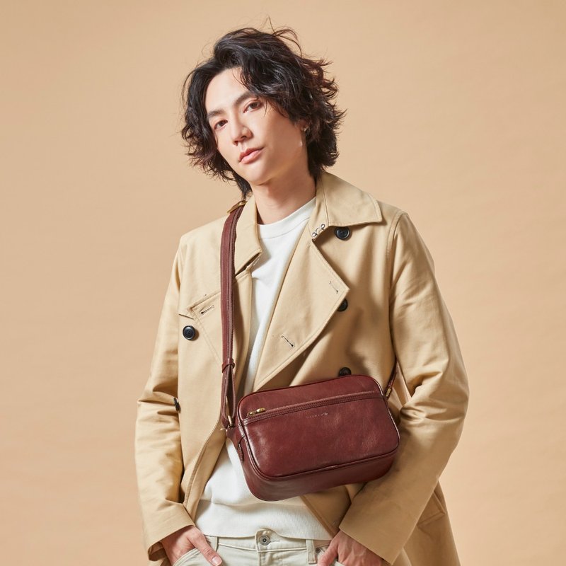 【情人节礼物/24H快速出货】真皮侧背包/相机包 男女适用 植鞣革 - 侧背包/斜挎包 - 真皮 咖啡色