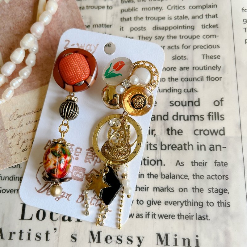 wow handmade 2-way古着收藏家花砖-不对称复古钮扣耳环 - 耳环/耳夹 - 其他材质 