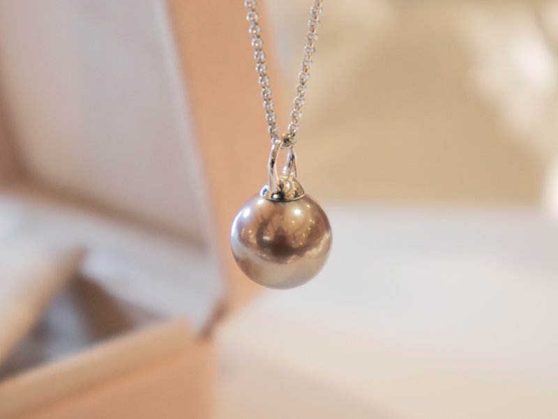 925纯银正圆12mm 天然淡水紫带茶金色珍珠-光金称心如意吊坠项链 - 项链 - 珍珠 紫色