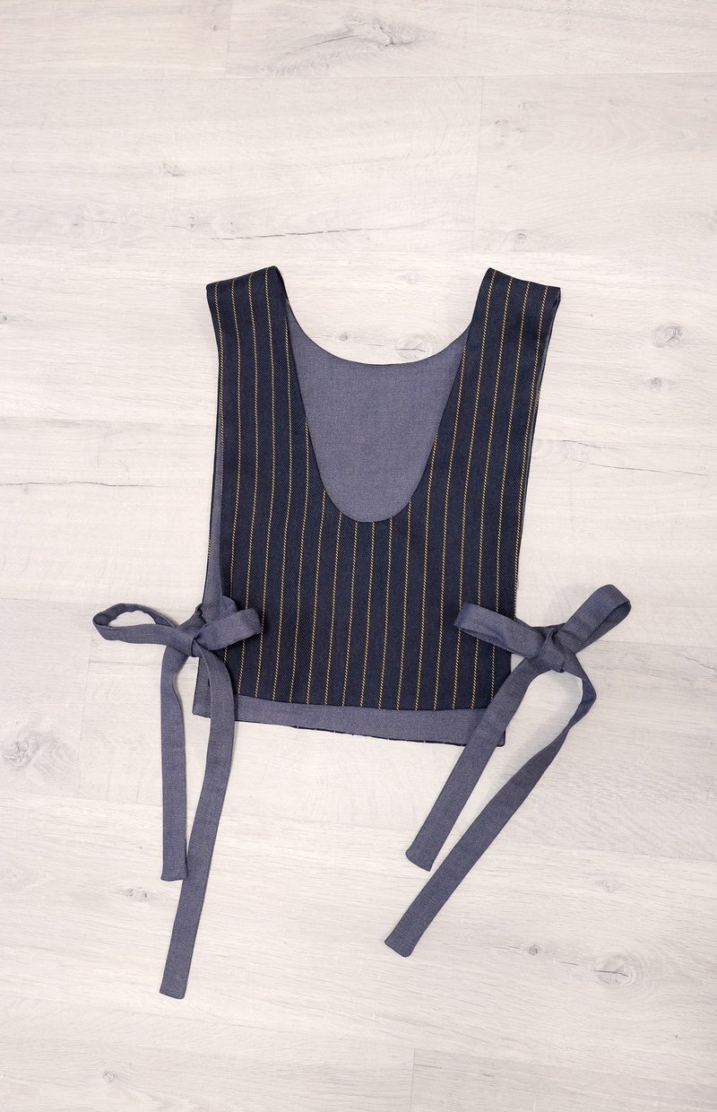 深U领绑带背心/ 深灰黄纹 - 女装背心 - 棉．麻 灰色