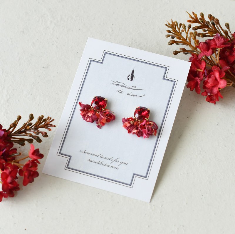 深红水晶流苏耳针・耳夹 - 耳环/耳夹 - 玻璃 红色