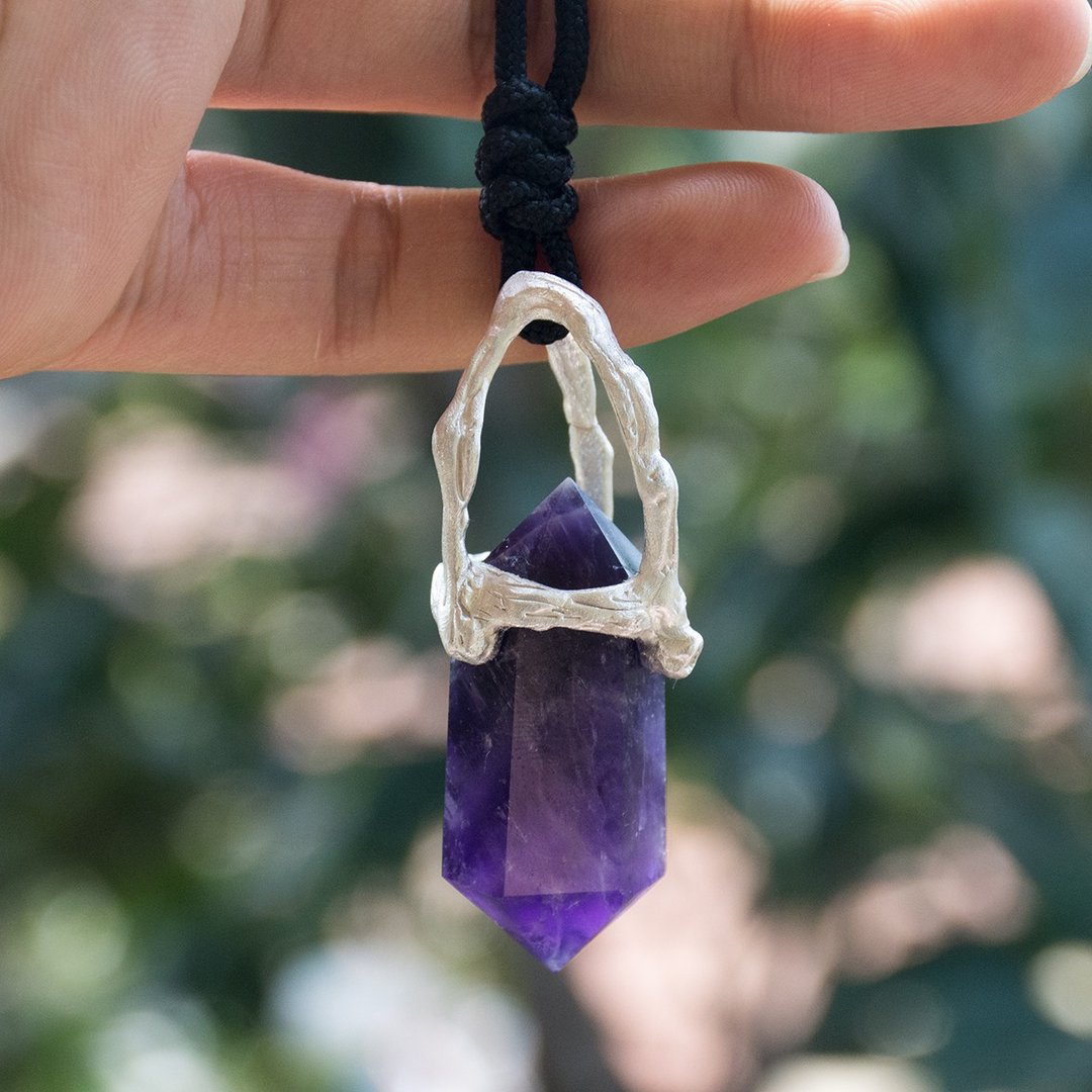 原创设计 手工制作纯银镶嵌紫水晶柱吊坠 - 吊饰 - 水晶 紫色