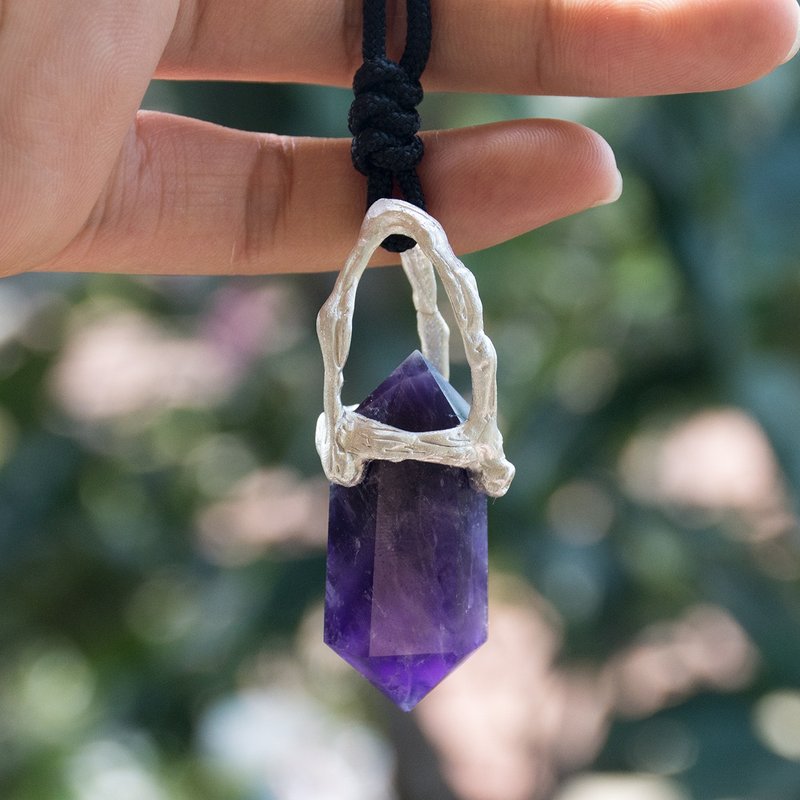 原创设计 手工制作纯银镶嵌紫水晶柱吊坠 - 吊饰 - 水晶 紫色
