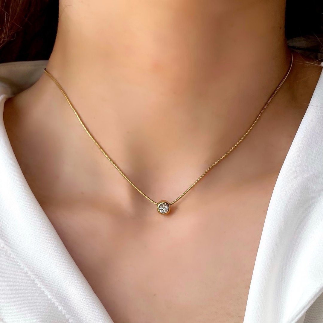 多种尺寸可选 爪镶 1 颗 锆石 钻石 蛇骨链 项链 choker 防过敏 珍珠项链 珍珠项链 - 项链 - 不锈钢 金色