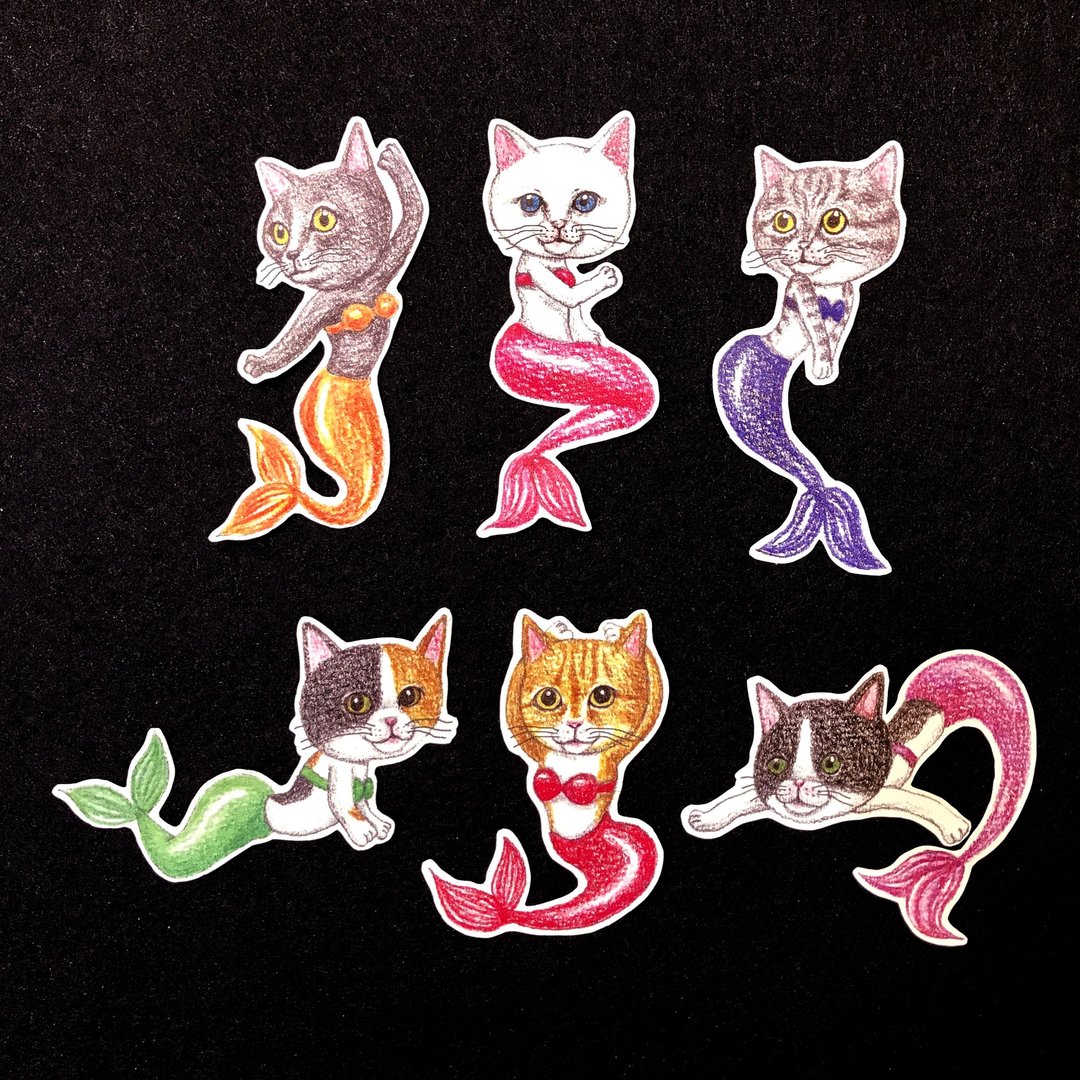 色铅笔手绘 美人鱼猫咪 防水贴纸组 6入 - 贴纸 - 纸 