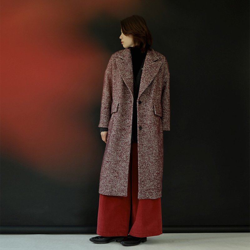 酒红 羊毛编织毛呢大衣 长袖 单排扣 西装领外套 - 女装西装外套/风衣 - 羊毛 