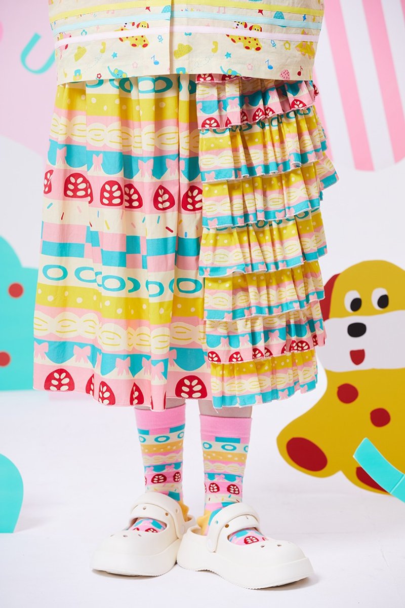 原创蛋糕夹心印花拼接花边半裙 - 裙子 - 棉．麻 多色