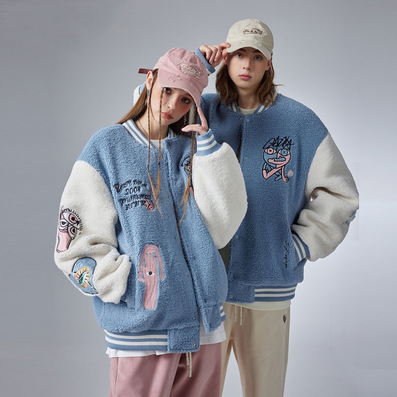 冬季蓝色羊羔绒外套 情侣棒球夹克刺绣棉服 - 男装外套 - 棉．麻 