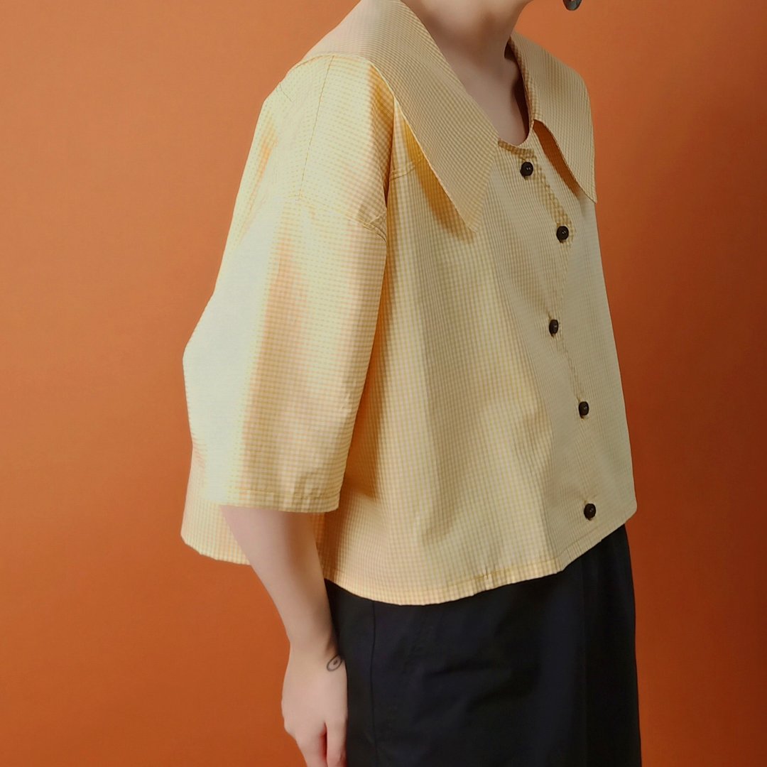 P.YELLOW | 夏季嫩黄小格子童趣短袖上衣 - 女装上衣 - 棉 黄色