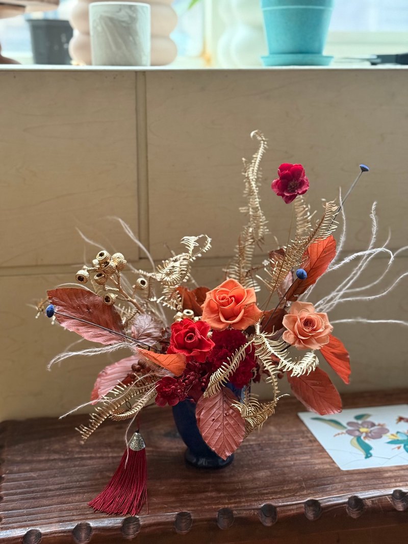 永生盆花 干燥盆花 新年桌花 过年盆花 新居落成 升迁祝福 开幕花 - 干燥花/捧花 - 植物．花 红色