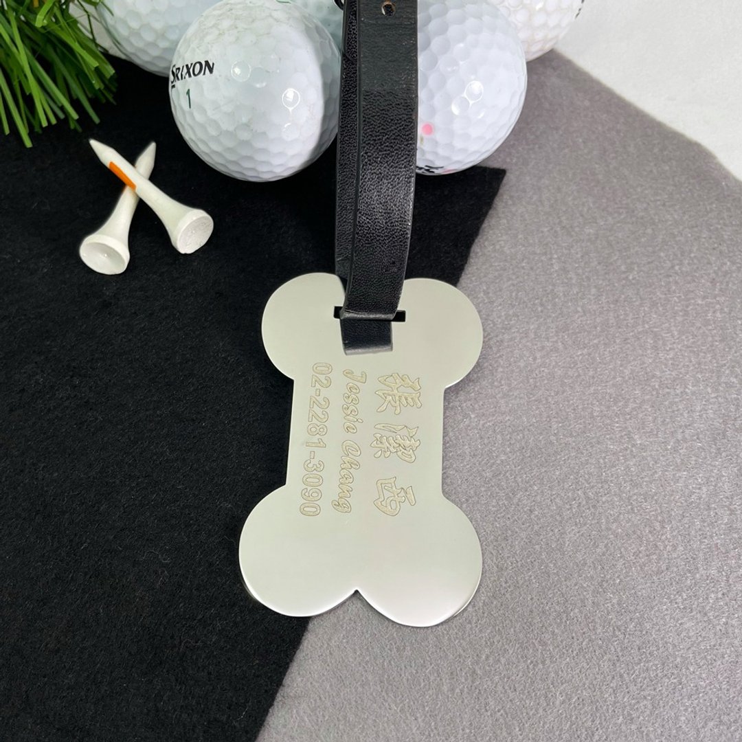 【FulgorJewel】定制化高尔夫球袋姓名牌 骨头造型 免费刻字 - 行李吊牌 - 不锈钢 银色