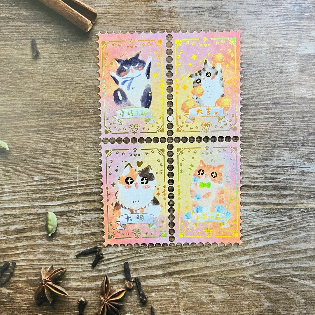 猫咪神社烫金邮票贴纸(四款) - 贴纸 - 纸 多色