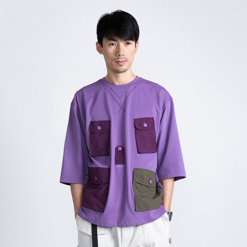 SUPIMA匹马棉紫色户外感立体多口袋宽松拼接七分袖T恤 - 男装上衣/T 恤 - 棉．麻 