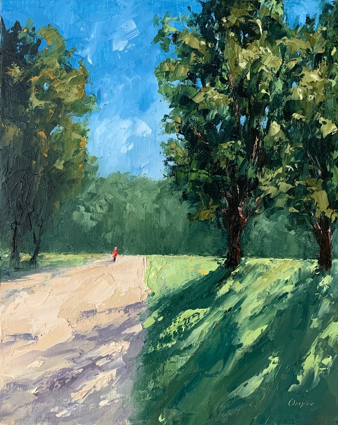 Original Trees Landscape Green Oil Painting On Canvas Road Painting Impasto Art - 墙贴/壁贴 - 棉 多色