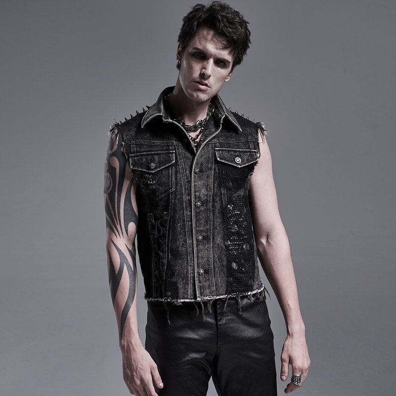 庞克荒地骑士纯棉丹宁背心 - 男装背心 - 其他材质 黑色