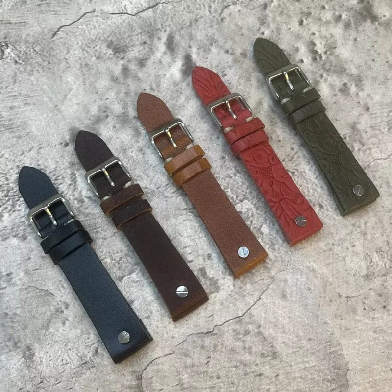 Timeless Watchband 螺丝扣 雕花纹真牛皮革表带 20MM 红 墨绿 - 表带 - 真皮 多色