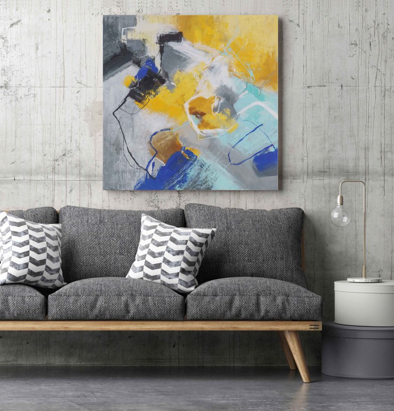 蓝黄色绘画|蓝色黄色抽象|蓝黄色艺术|温暖和寒冷 - 墙贴/壁贴 - 棉．麻 黄色