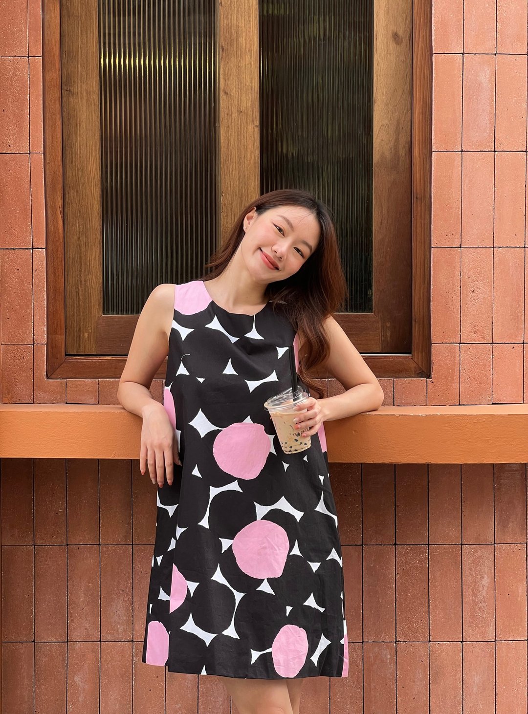 (预购 20-30 天) BIRUCHU A-LINE DRESS - Boba (黑粉点点) 无袖洋装 黑粉色 - 洋装/连衣裙 - 棉 黑色