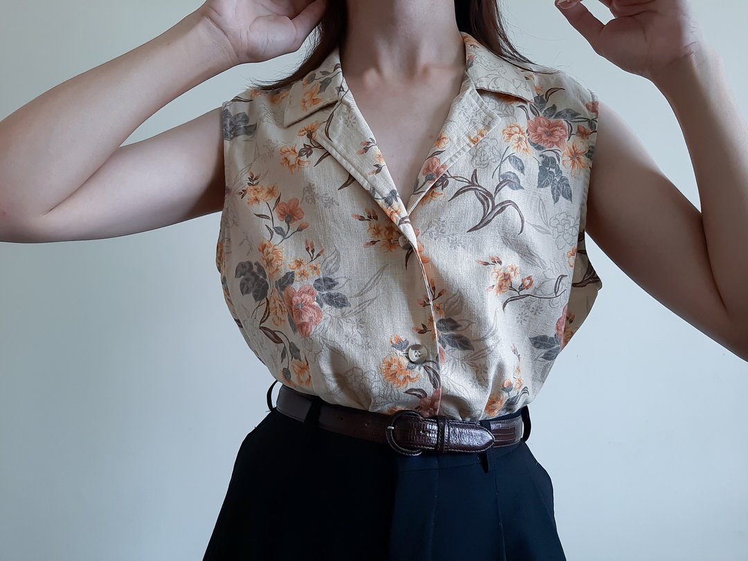 大的 - 复古亚麻棉质花卉无袖上衣 RAFAELLA 纽扣上衣 L 码衬衫 - 女装背心 - 棉 卡其色