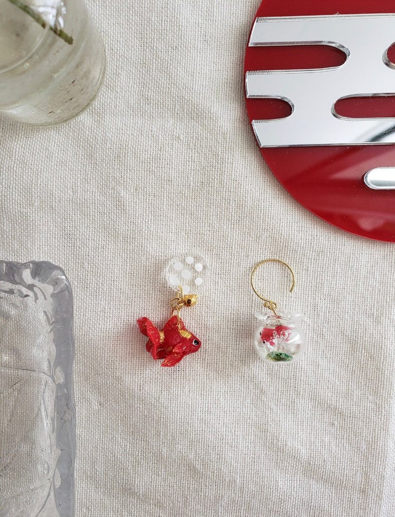 金鱼.鱼缸. 耳针.耳夹 - 耳环/耳夹 - 树脂 红色