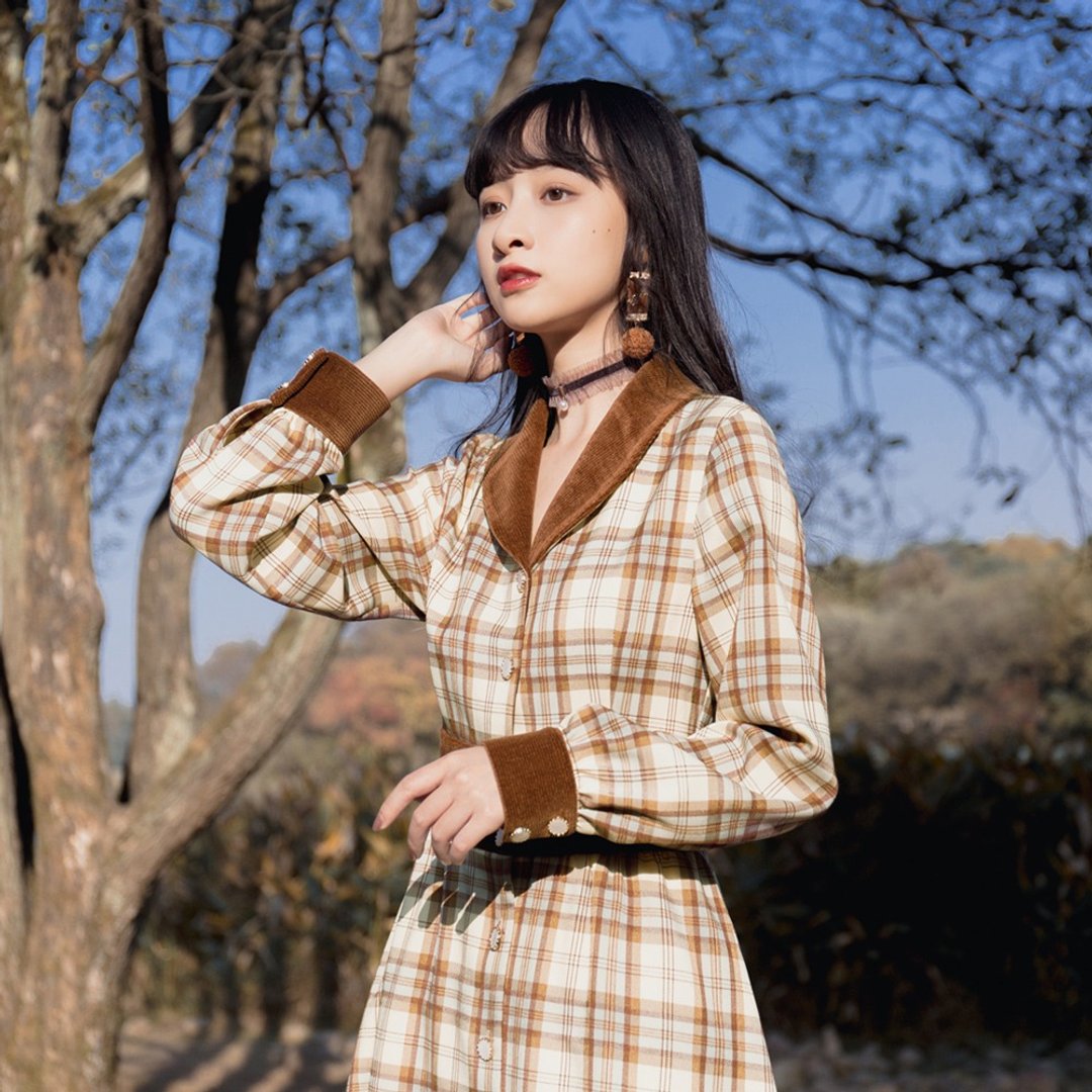 长连衣裙秋装法式新款打底裙格子v领洋装 - 洋装/连衣裙 - 其他材质 