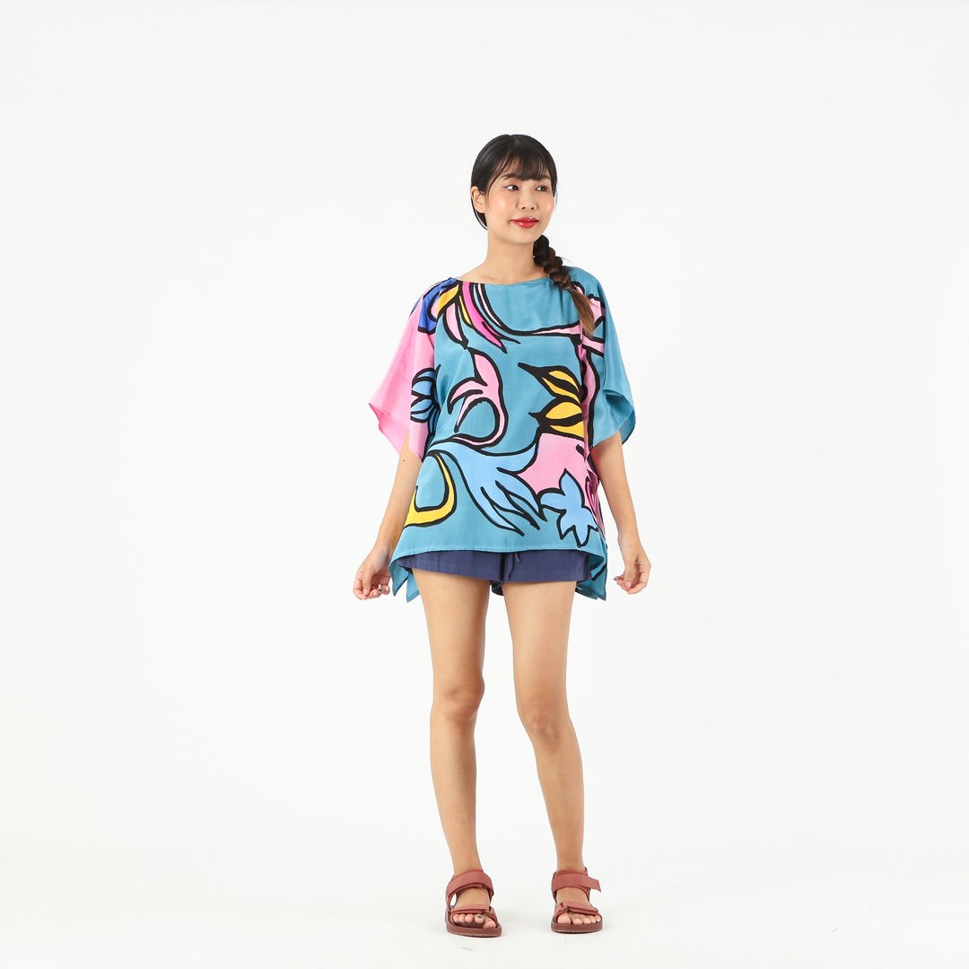 Poncho Blouse Cotton Silk Hand Painted for Summer resort - 女装上衣 - 棉 粉红色